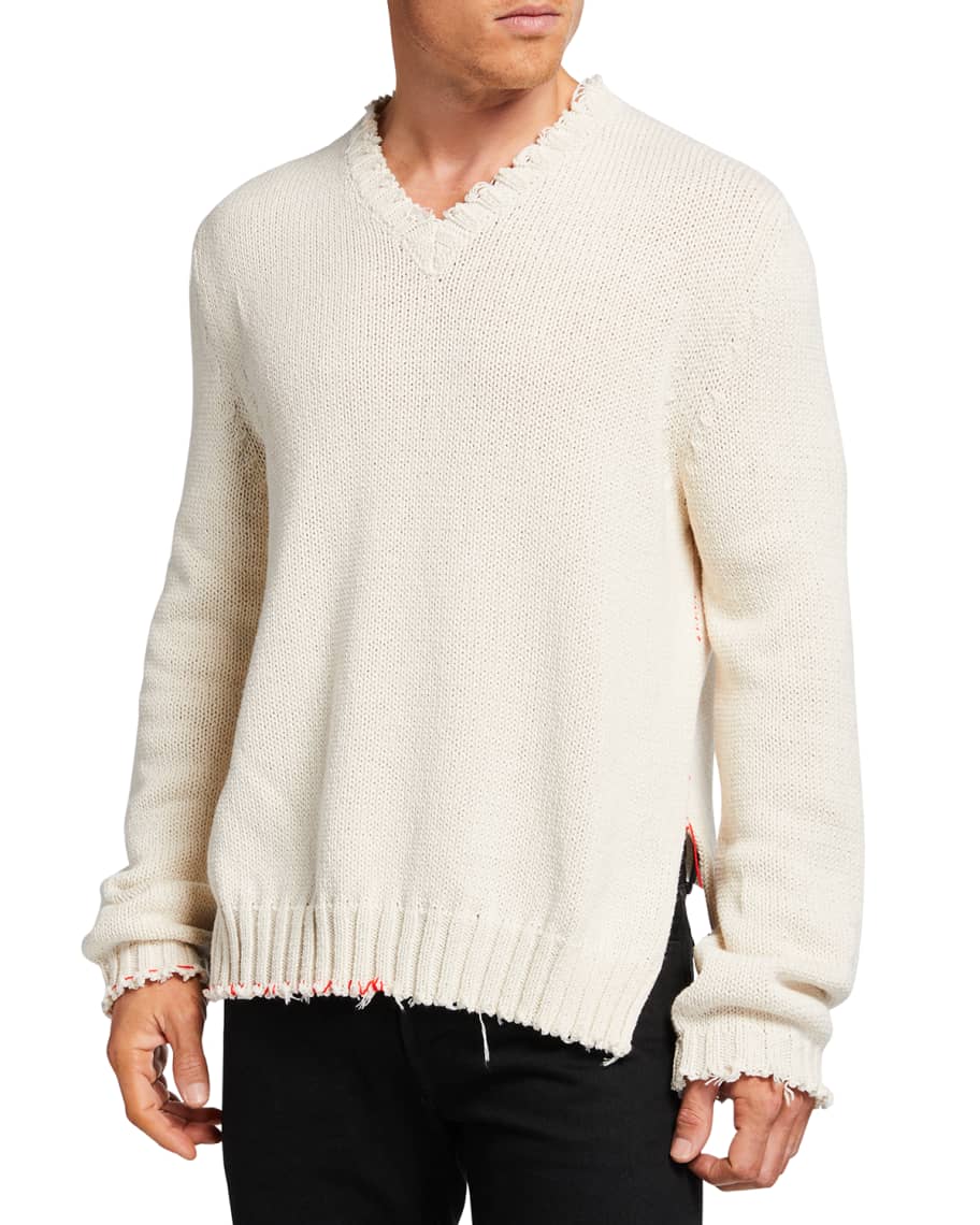 Maison Margiela Men's Destroyed V-Neck Sweater | Neiman Marcus