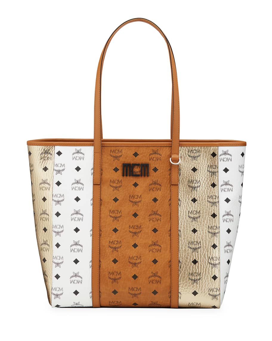 MCM Toni Mixed Visetos Logo Metallic Shopper Tote Bag Neiman Marcus