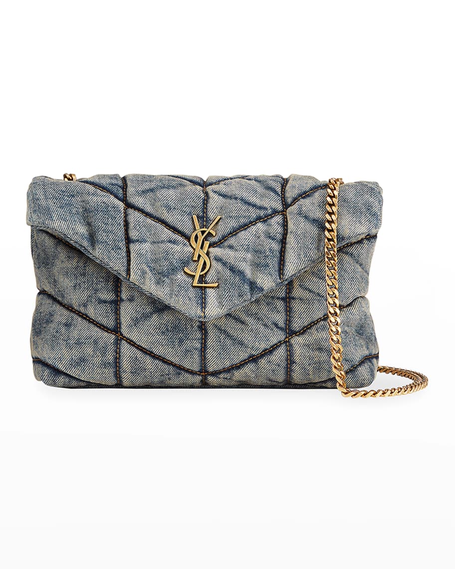 puffer small chain bag in quilted vintage denim and suede