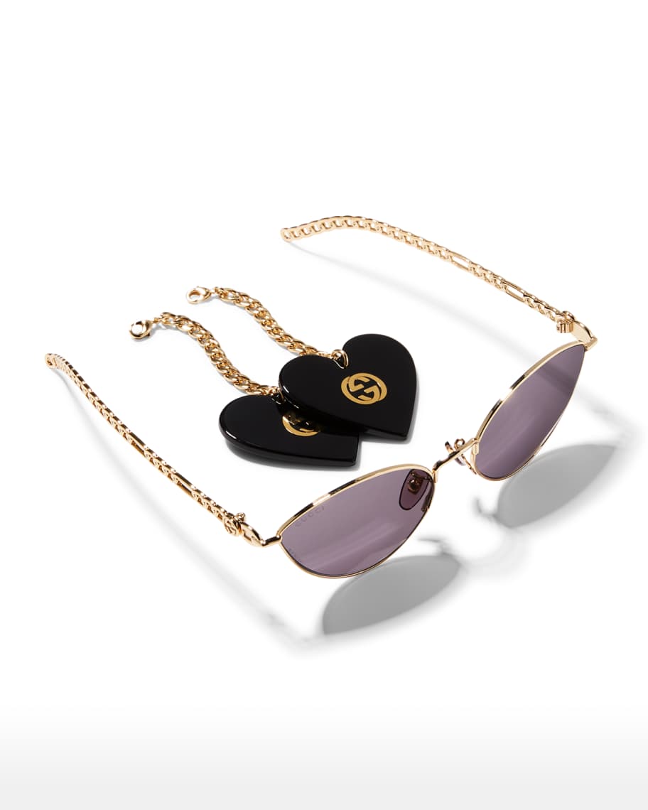 Gucci Metal Chain Cat-Eye Sunglasses w/ Interlocking G Heart Drops
