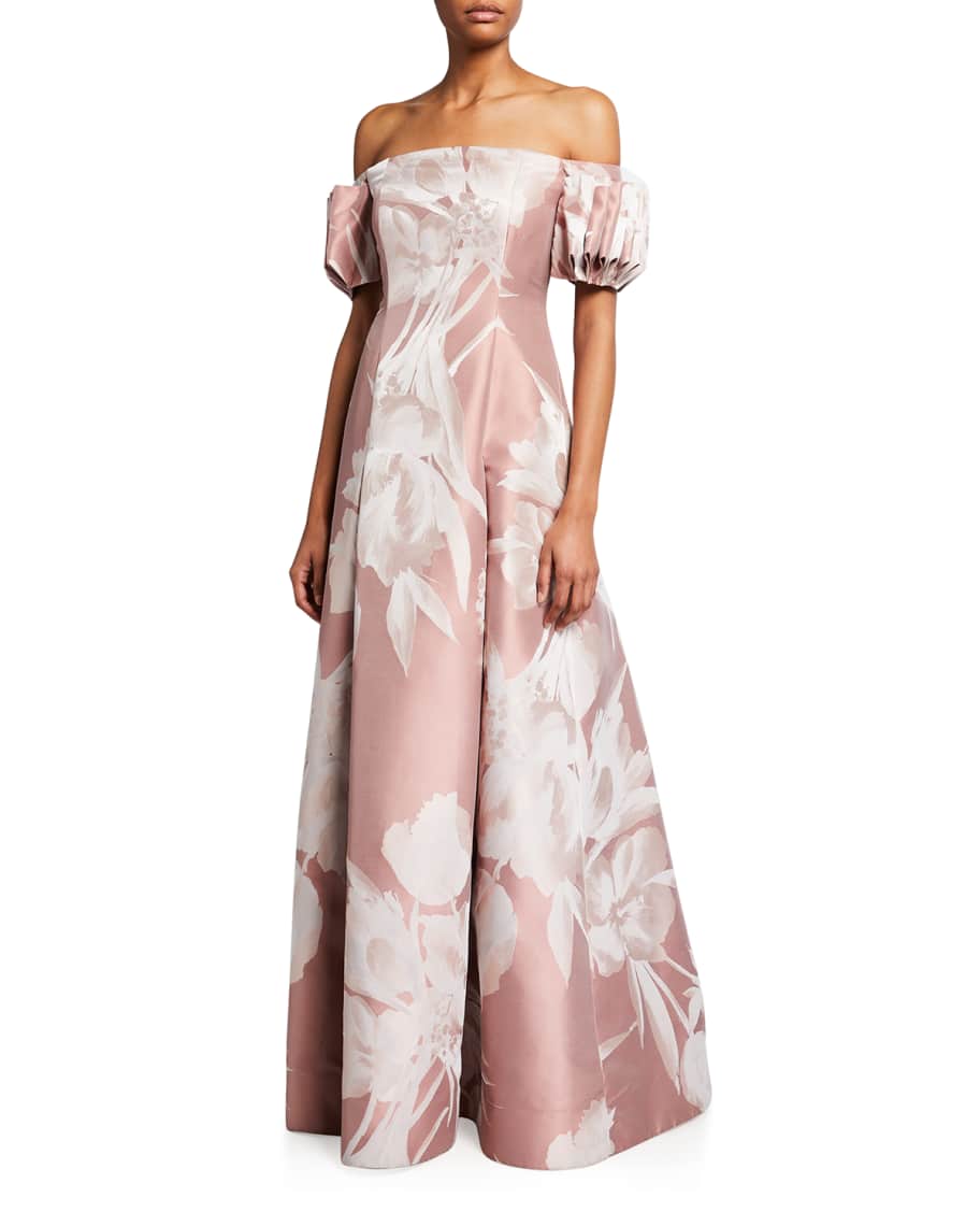 Aidan Mattox Off-the-Shoulder Gathered Sleeve Floral Jacquard Gown ...