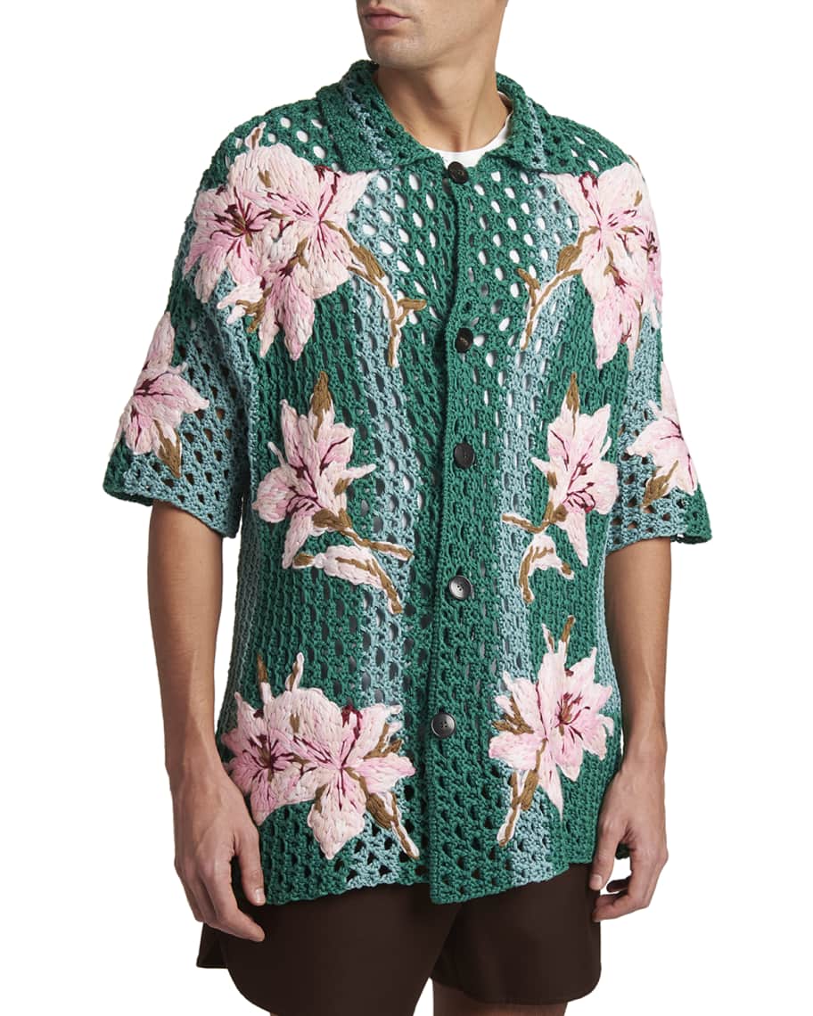 Valentino Garavani Men's Macrame Floral Knit Shirt | Neiman Marcus