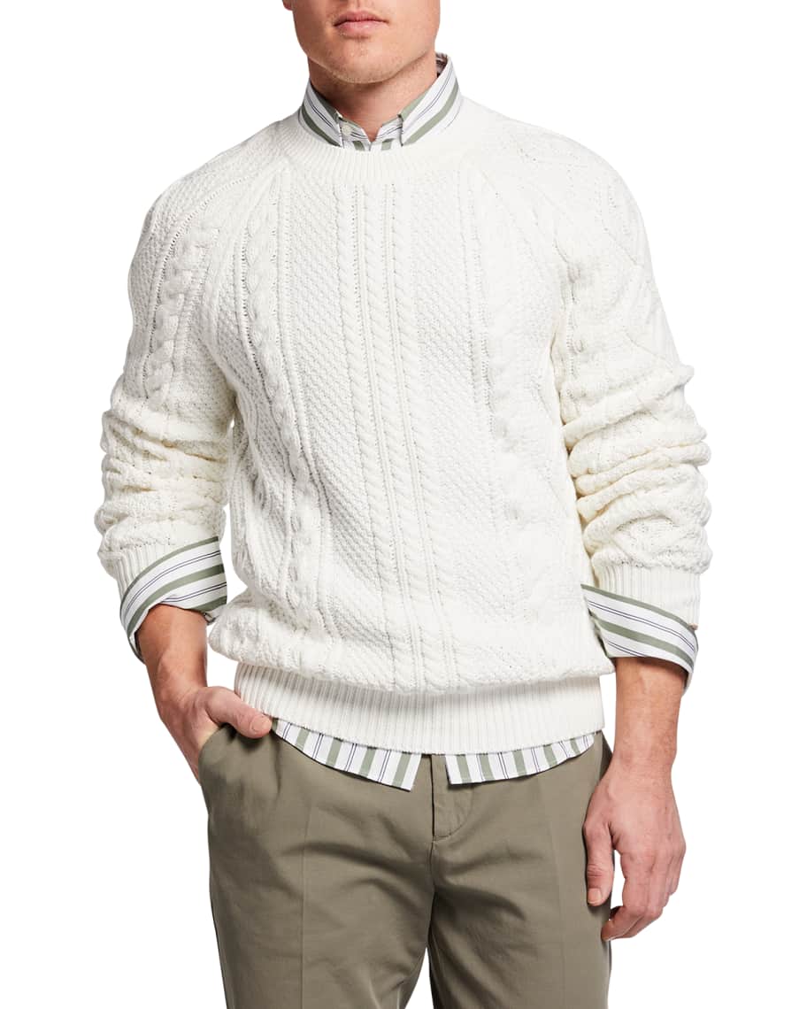 Brunello Cucinelli Men's Cotton Novel Cable-Knit Sweater | Neiman Marcus