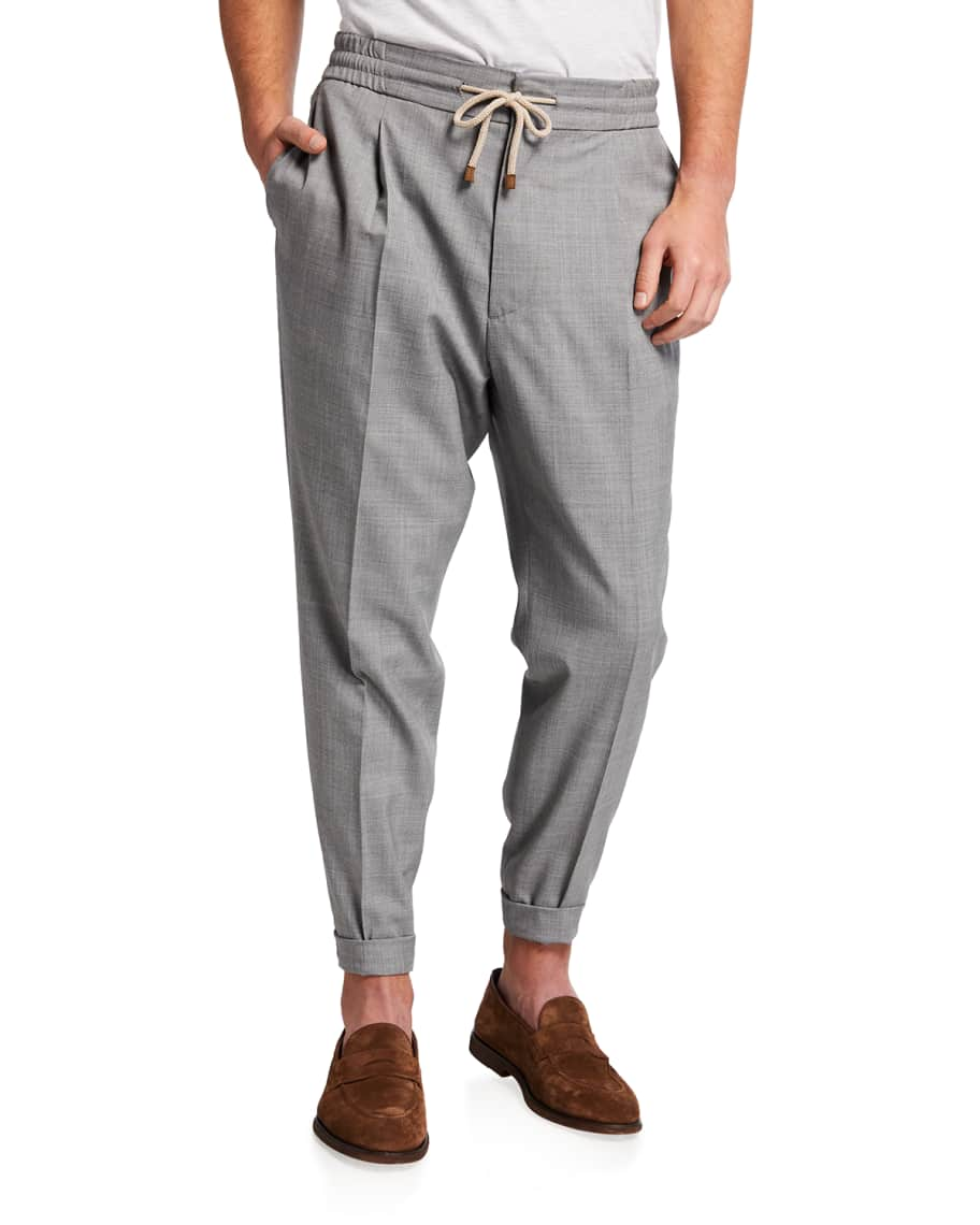 Brunello Cucinelli Men's Pleated Wool Leisure-Fit Drawstring Pants