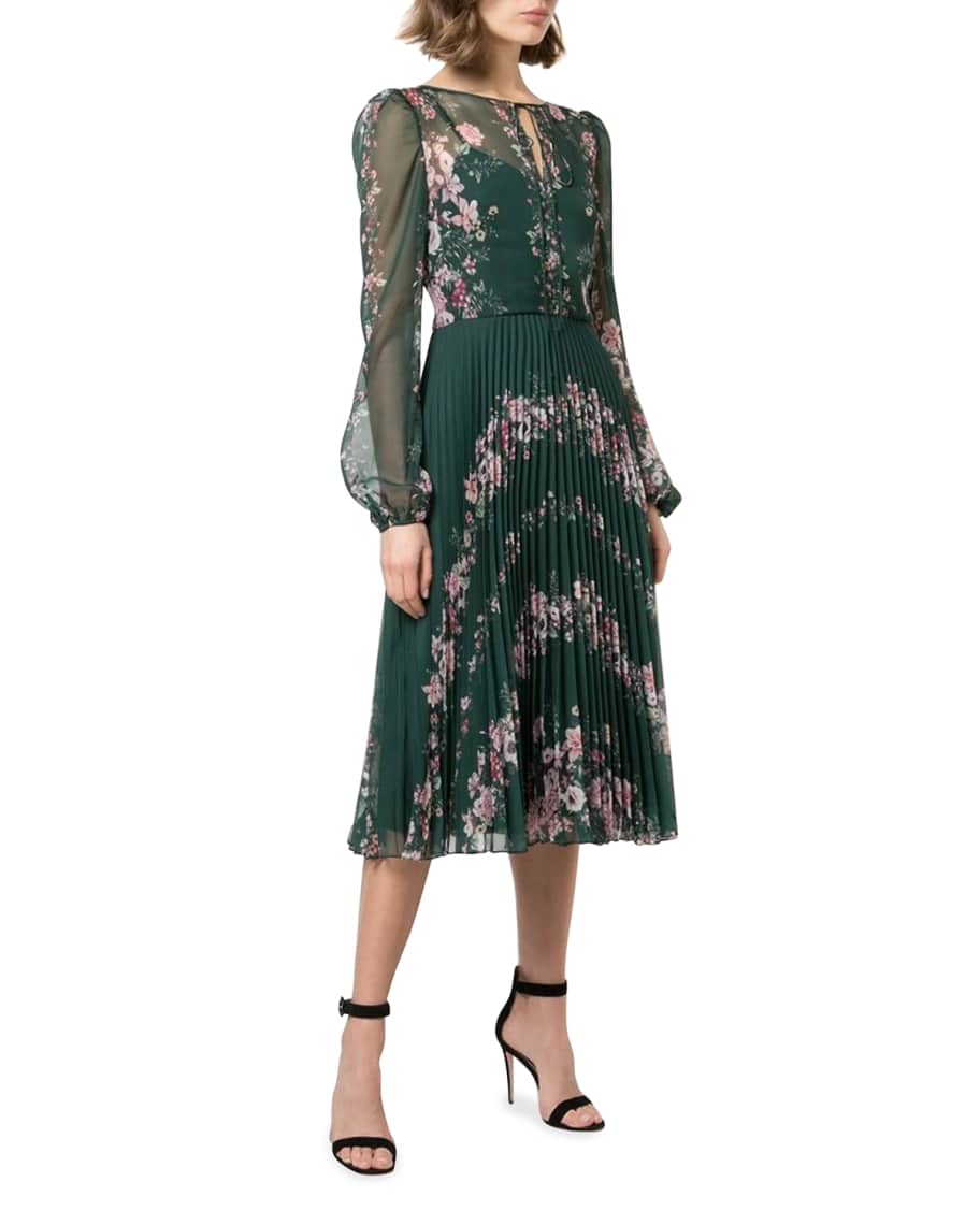 marchesa draped sleeve printed chiffon gown