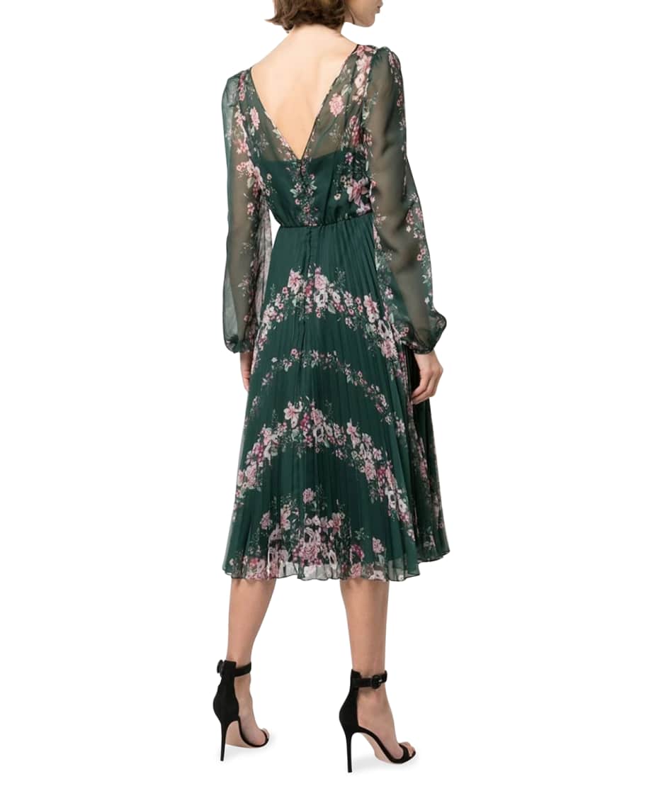 Marchesa Notte Floral Print BlousonSleeve Pleated Chiffon Dress