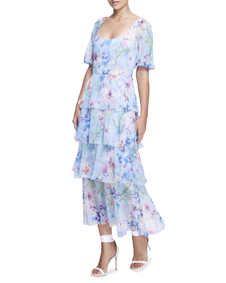 Marchesa Notte Tiered Floral Chiffon Puff-Sleeve Dress | Neiman Marcus