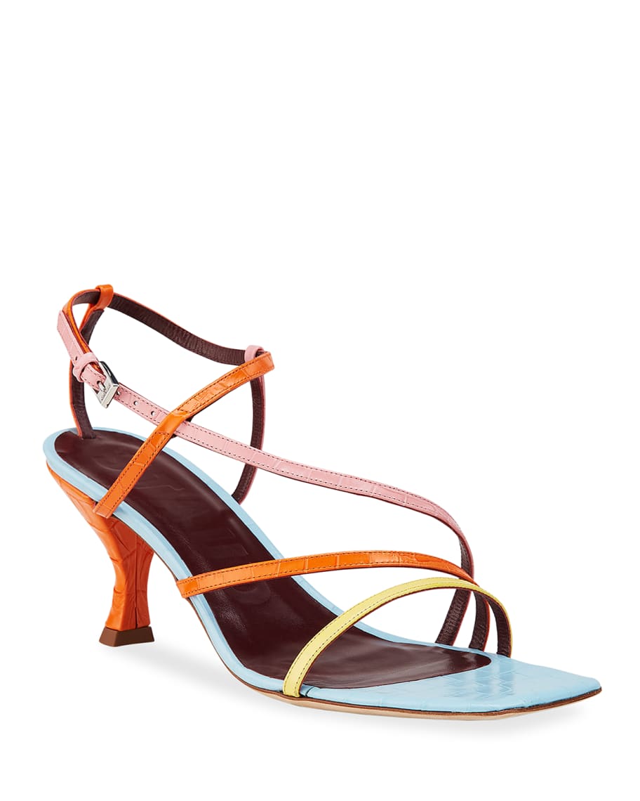 STAUD Gita Strappy Croc Embossed Kitten Heel Sandals Neiman Marcus