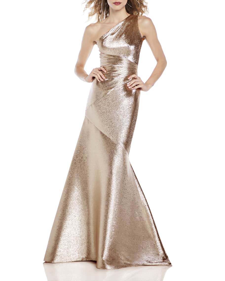 Theia one shop shoulder metallic gown