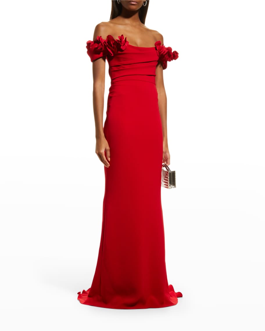 Marchesa Off-the-Shoulder Column Gown w/ Floral Applique | Neiman Marcus