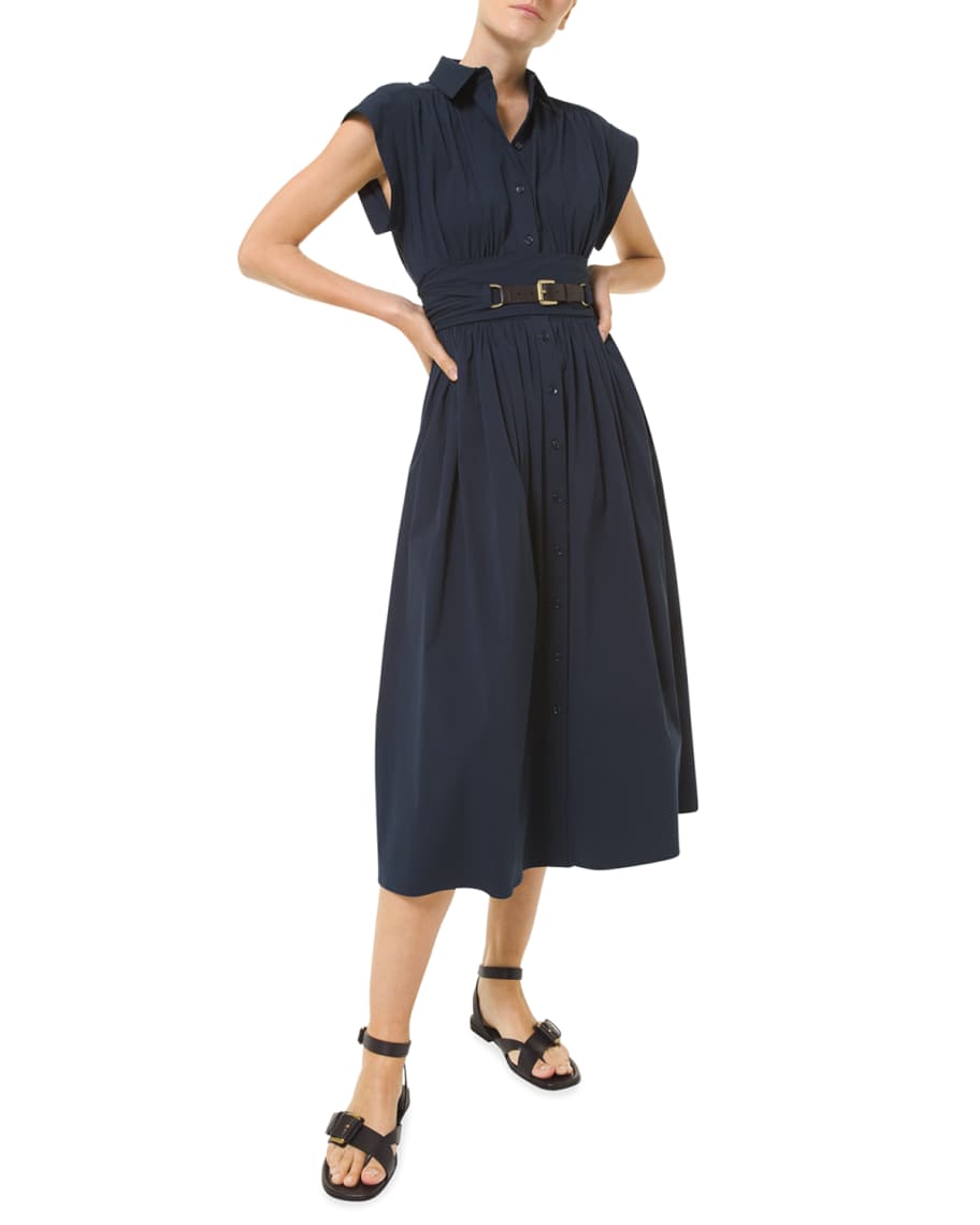 Michael Kors Collection Fit-&-Flare Poplin Leather Belted Midi Dress |  Neiman Marcus