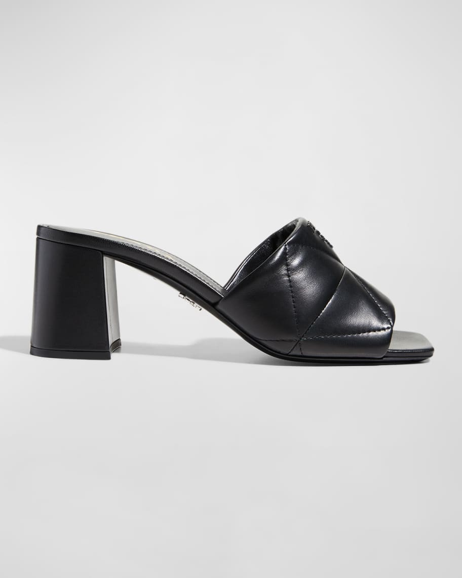 Prada 65mm Quilted Leather Block-Heel Slide Sandals | Neiman Marcus