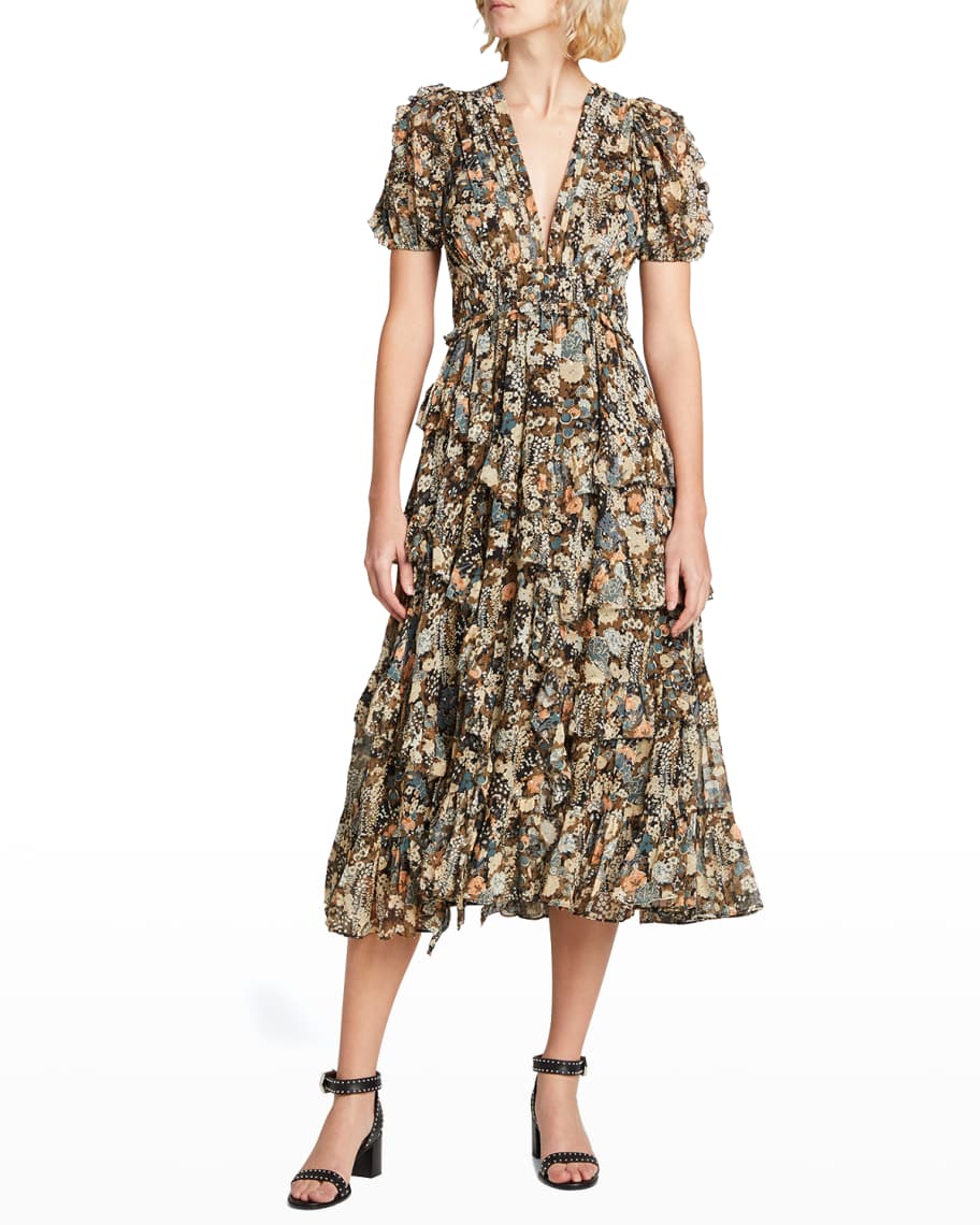 Ulla Johnson Aliya Floral-Print Tiered Midi Dress | Neiman Marcus