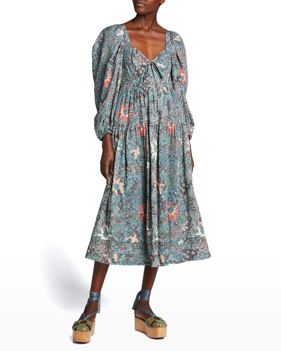 Ulla Johnson Kemala Printed Long-Sleeve Midi Dress | Neiman Marcus