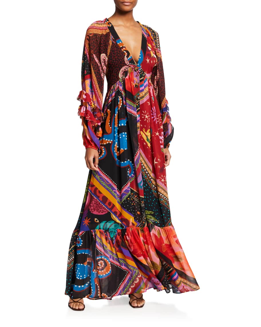 Farm Rio Diagonal Scarves Multicolor Tiered-Sleeve Maxi Dress | Neiman ...