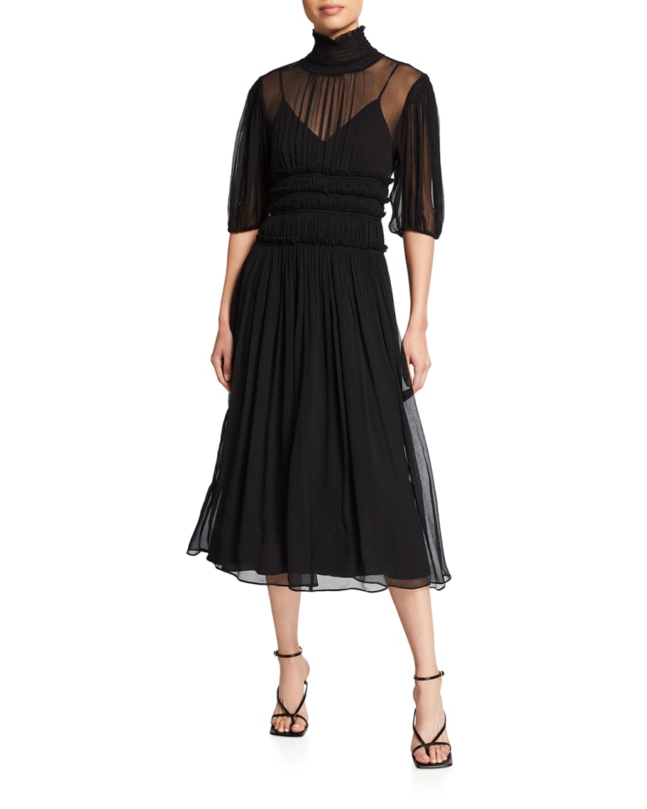 Rebecca Taylor Smocked Silk Chiffon Midi Dress | Neiman Marcus