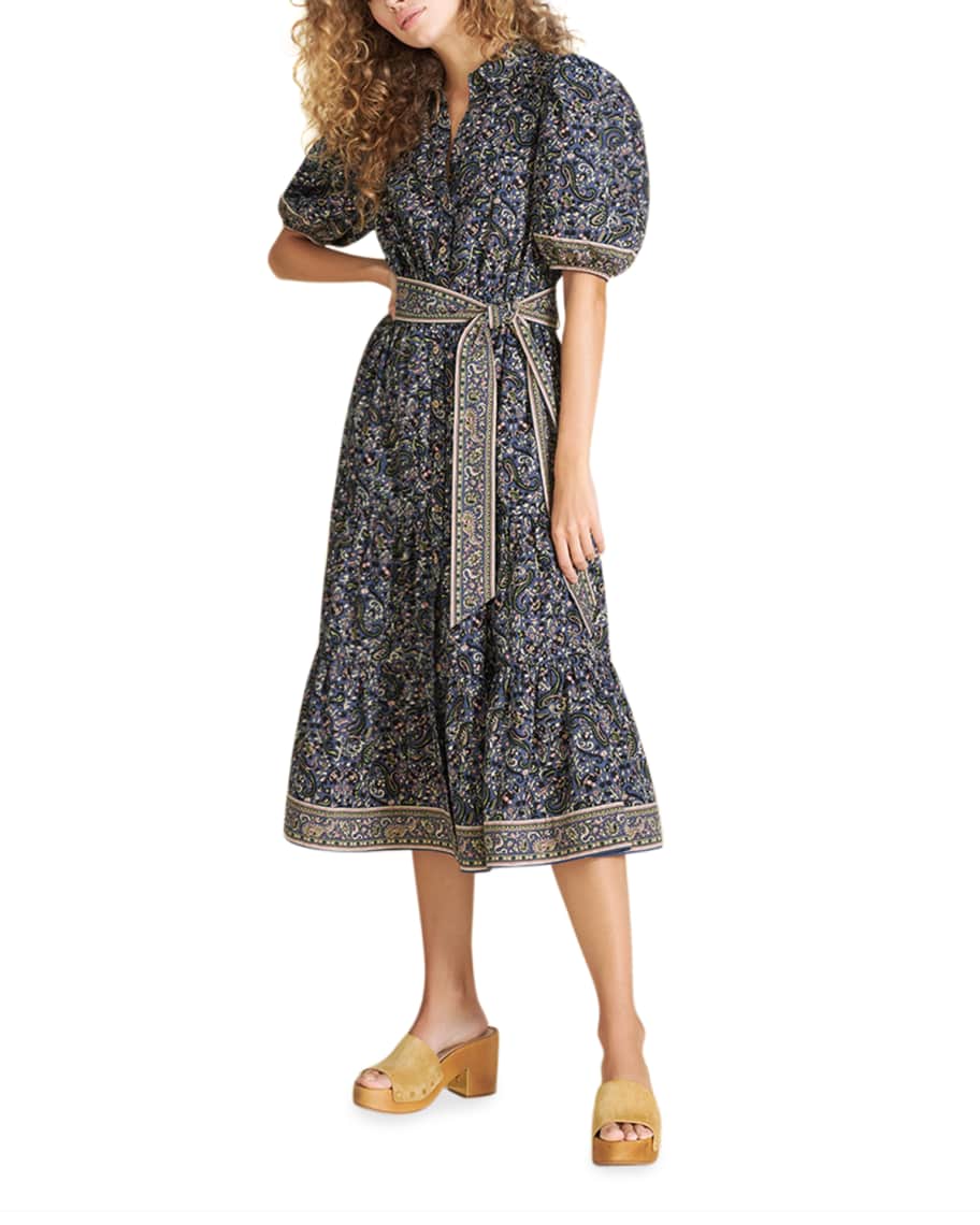 Veronica Beard Eunice Paisley-Print Belted Puff-Sleeve Dress | Neiman ...