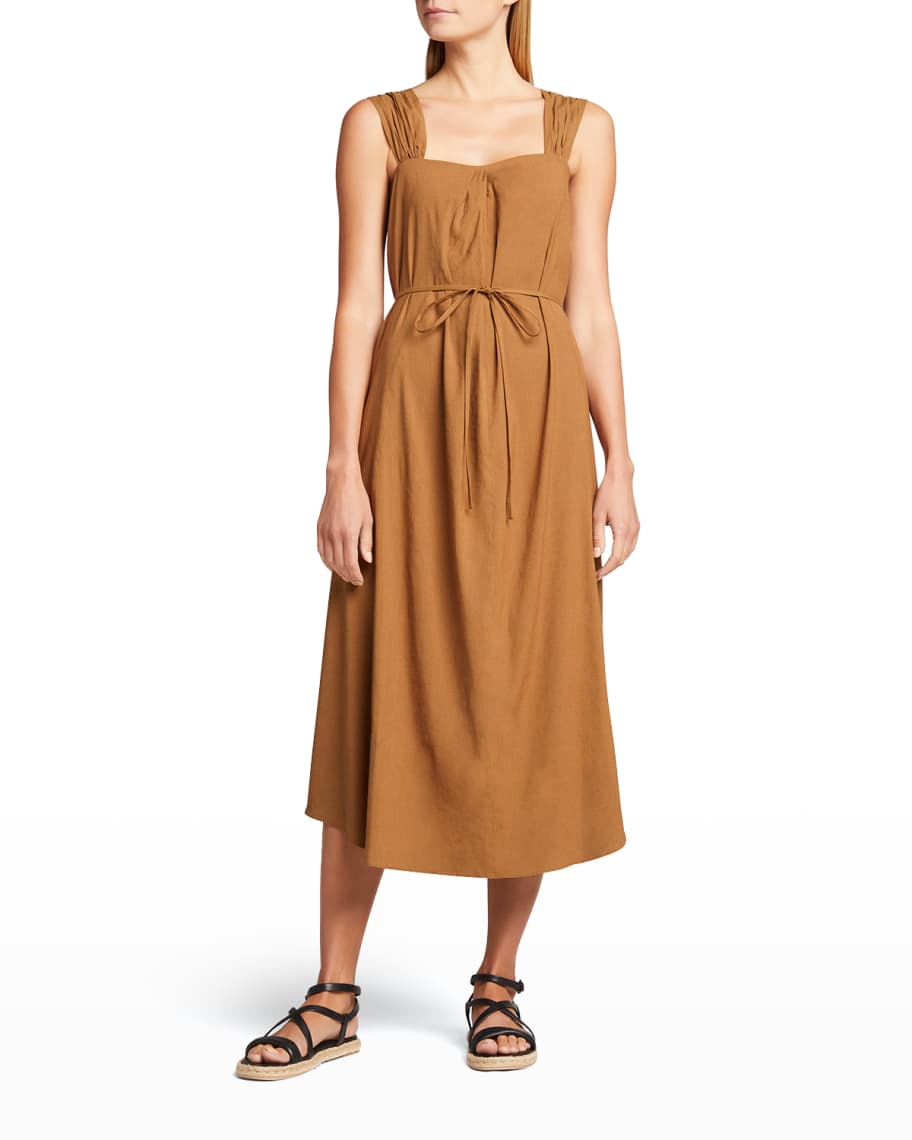 Vince Poet-Strap Linen Midi Dress w/ Waist Tie Neiman Marcus