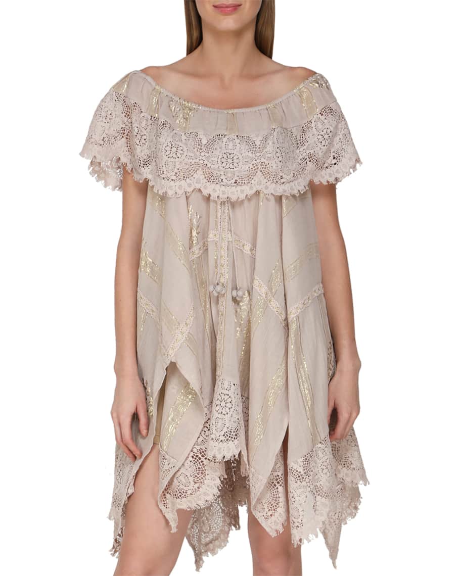 Flora Bella Rosamel Cotton Gauze Mini Dress w/ Lace Neiman Marcus
