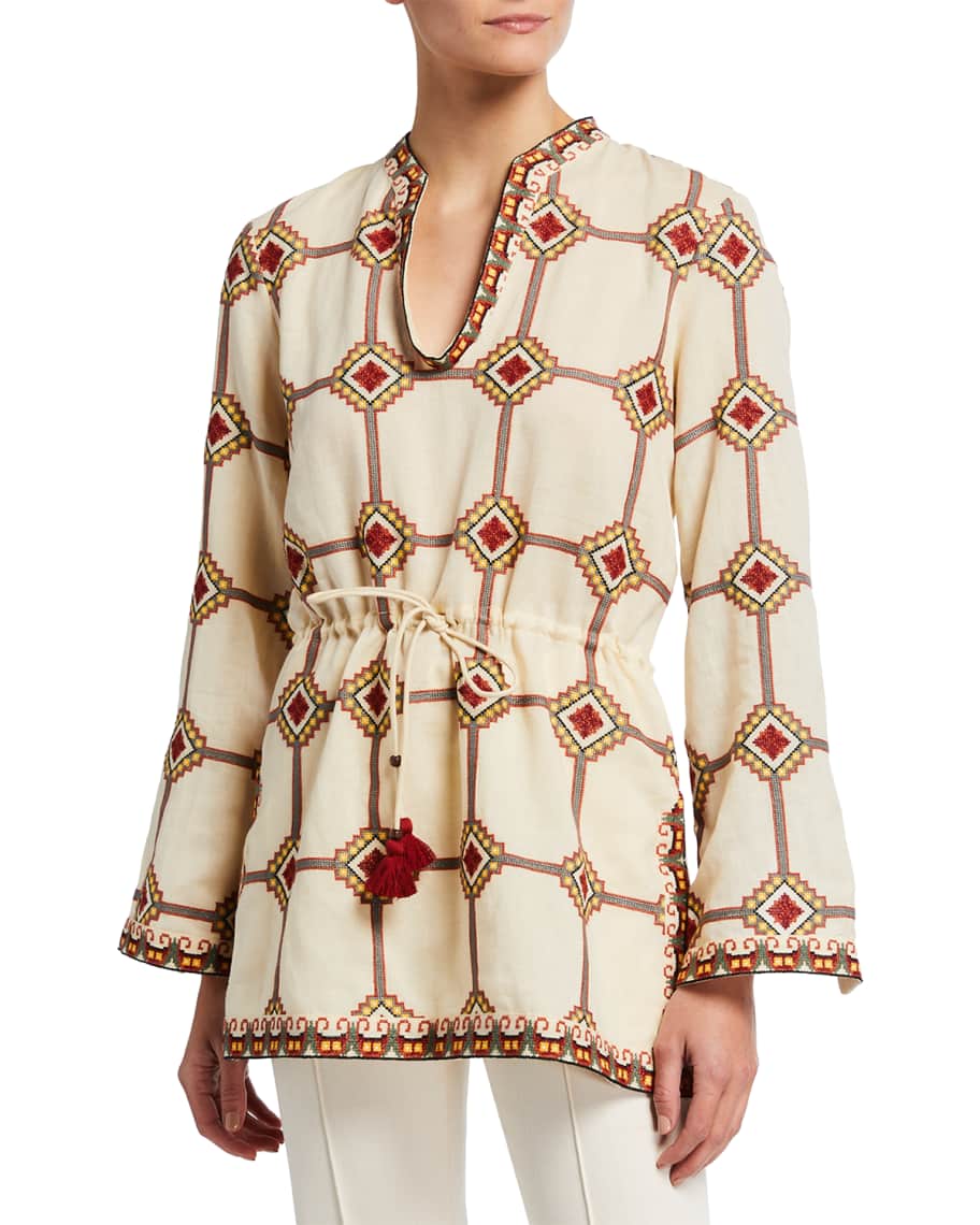 Tory Burch Geometric Embroidered Cotton-Linen Tunic | Neiman Marcus
