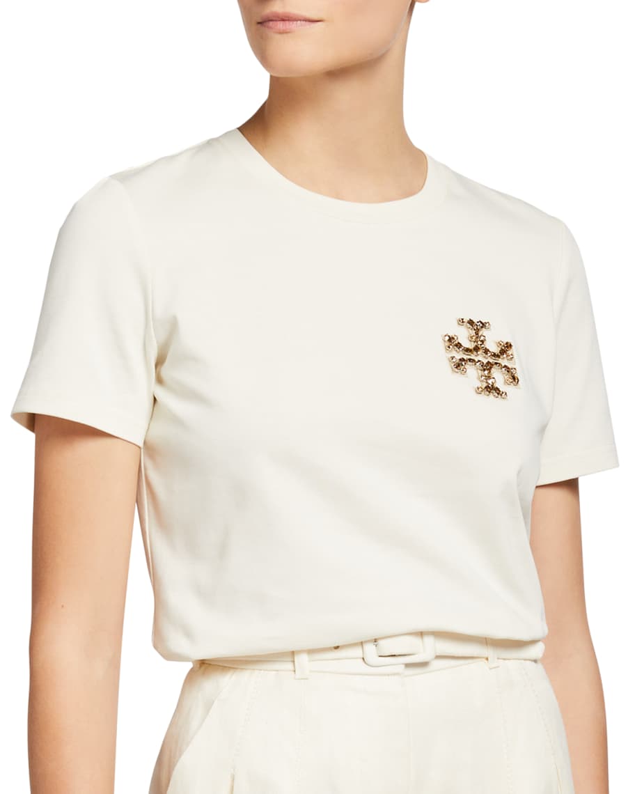Tory Burch Bejeweled Logo Cotton T-Shirt | Neiman Marcus