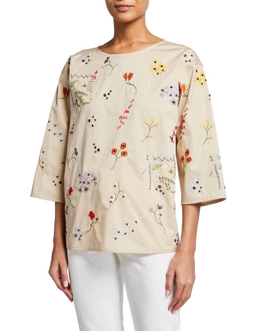 Tory Burch Robinson Floral Embroidered Poplin Top Neiman Marcus