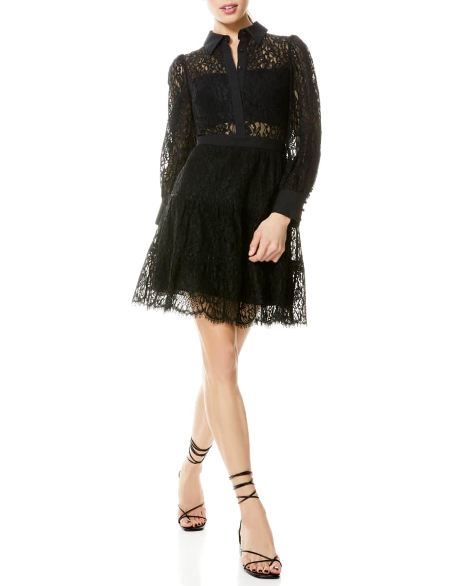 Alice + Olivia Anaya Collared Lace Tiered Short Dress | Neiman Marcus