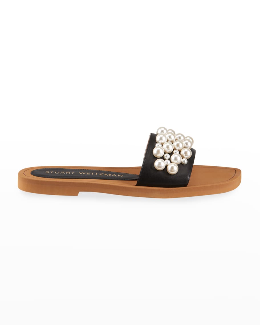 Stuart Weitzman Goldie Pearly Stud Flat Slide Sandals | Neiman Marcus