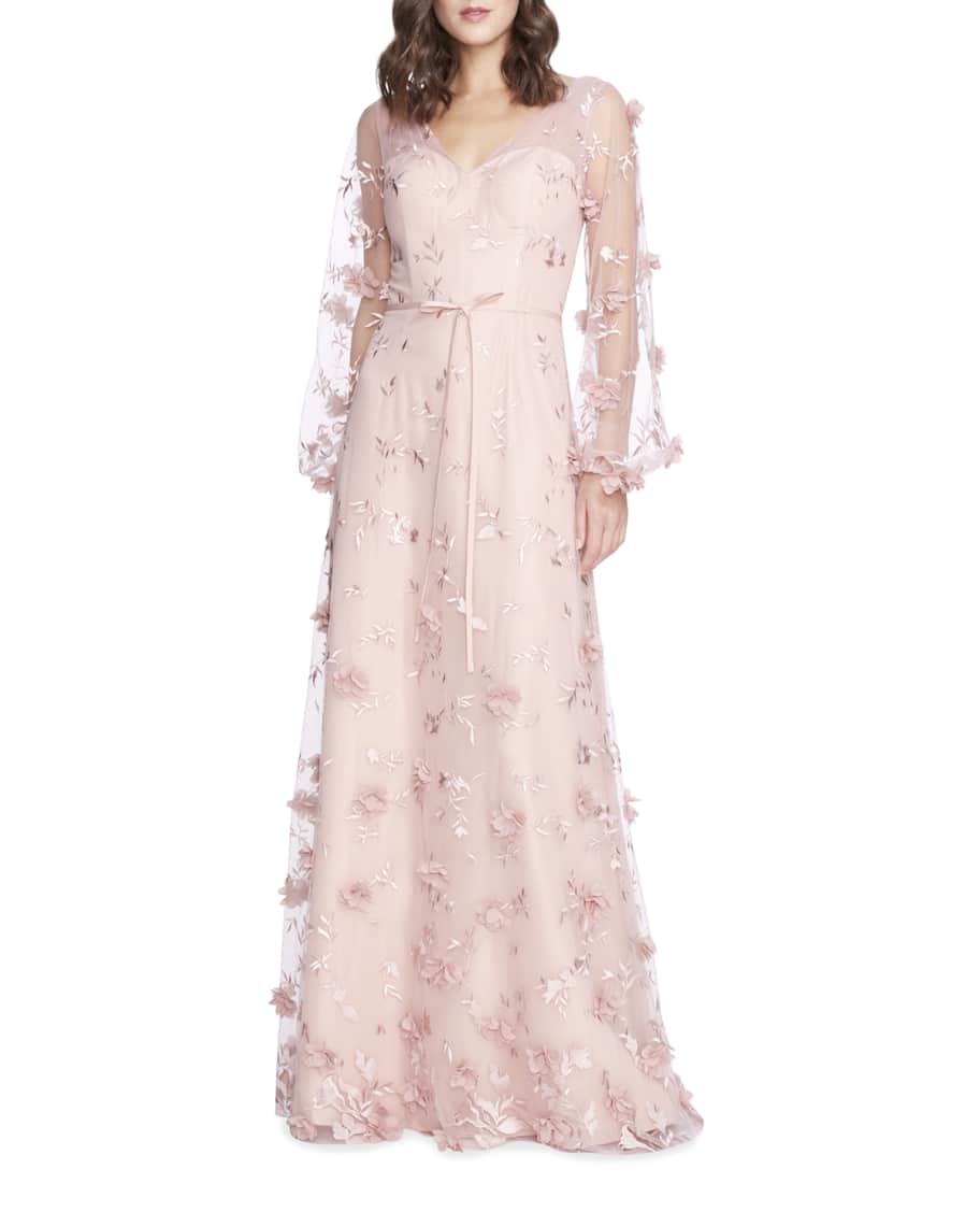 Marchesa Notte Bridesmaid Floral 3D Long-Sleeve Gown | Neiman Marcus