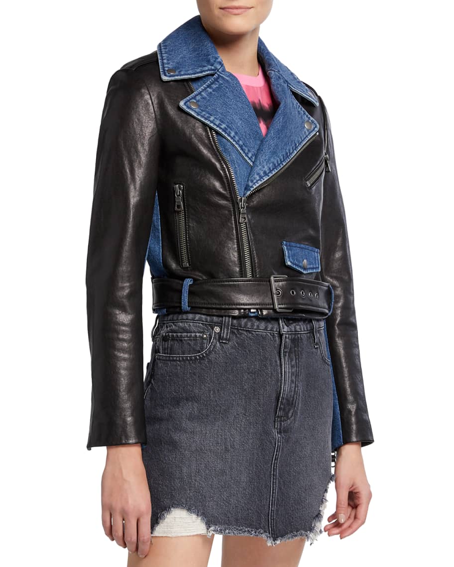 ALICE + OLIVIA JEANS Cody Leather/Denim Moto Jacket | Neiman Marcus