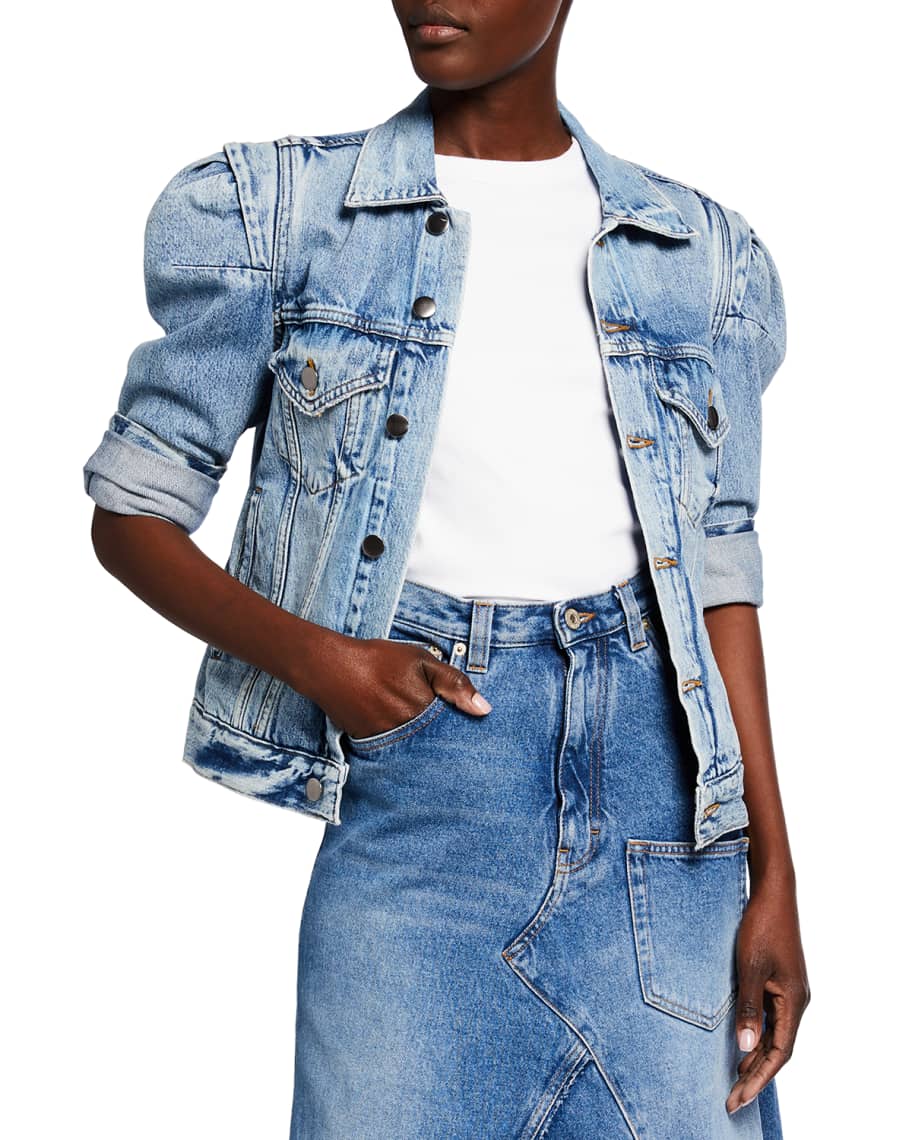 FRAME Rosette-Sleeve Denim Jacket | Neiman Marcus