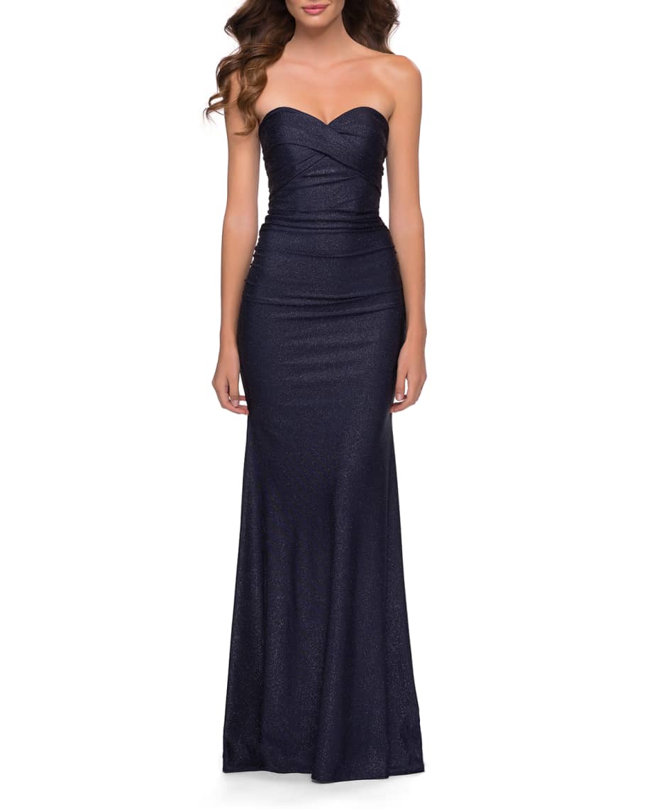 La Femme Strapless Metallic Jersey Gown with Ruching | Neiman Marcus