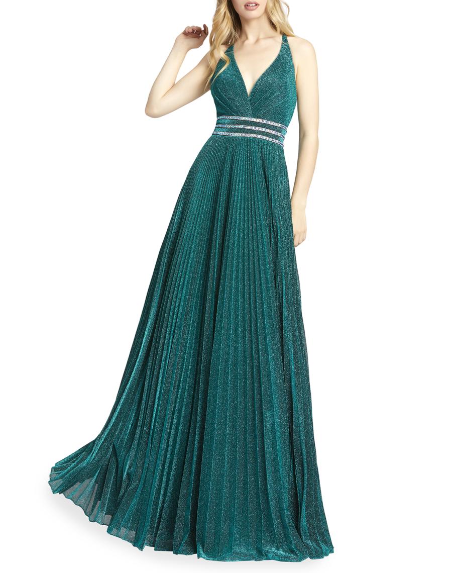 mac duggal halter pleated maxi dress Metallic Gown palmer
