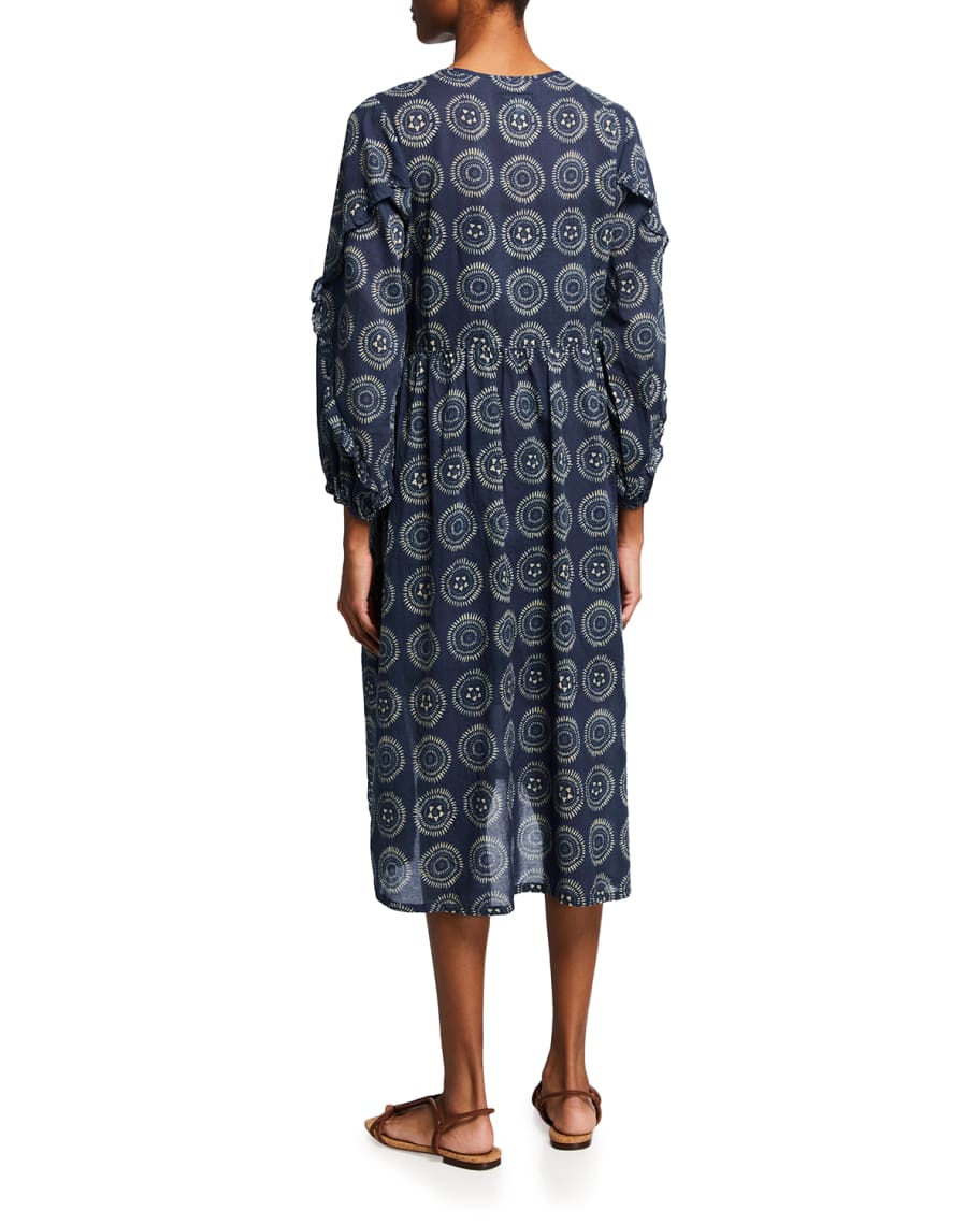 Johnny Was Medallion-Print Ruffle Tea-Length Dress | Neiman Marcus
