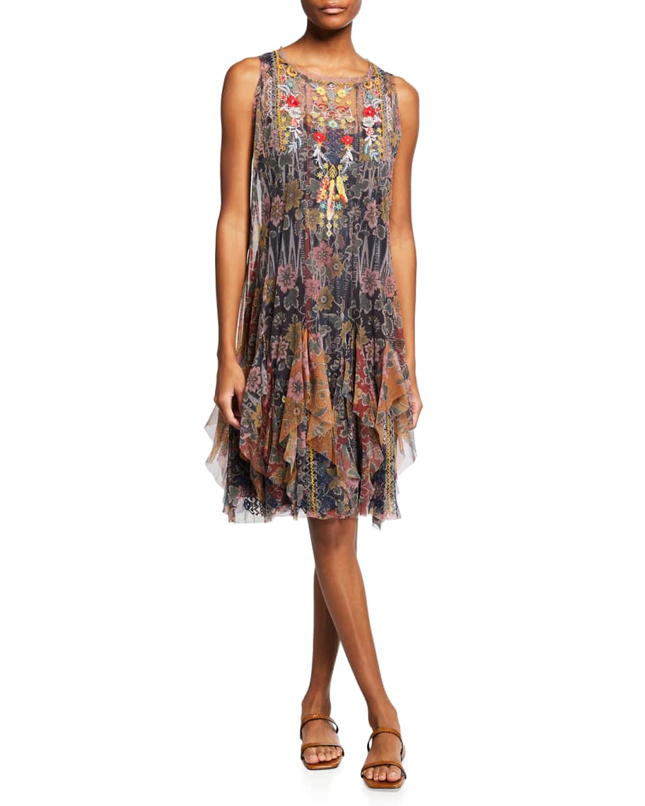 Johnny Was Lowein Godet Mesh Dress w Slip Neiman Marcus