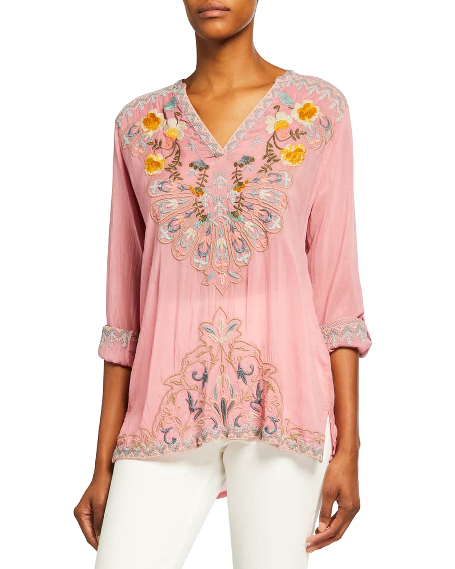 Johnny Was Marie Jade V-Neck Embroidered Blouse | Neiman Marcus