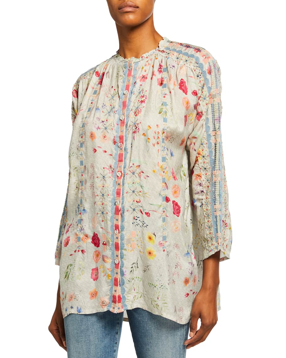 Johnny Was Reylia Floral-Print Button-Front Blouse | Neiman Marcus