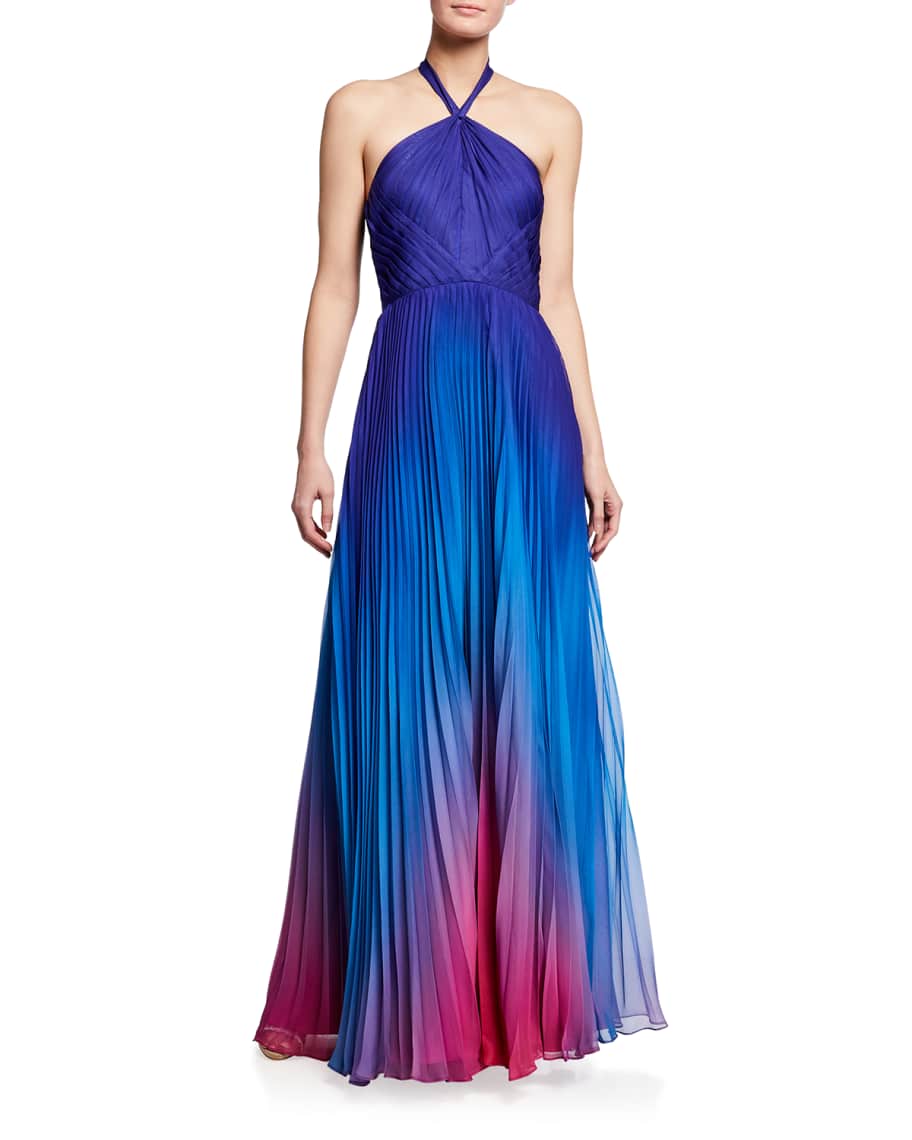 Pleated Ombre Chiffon Halter Gown