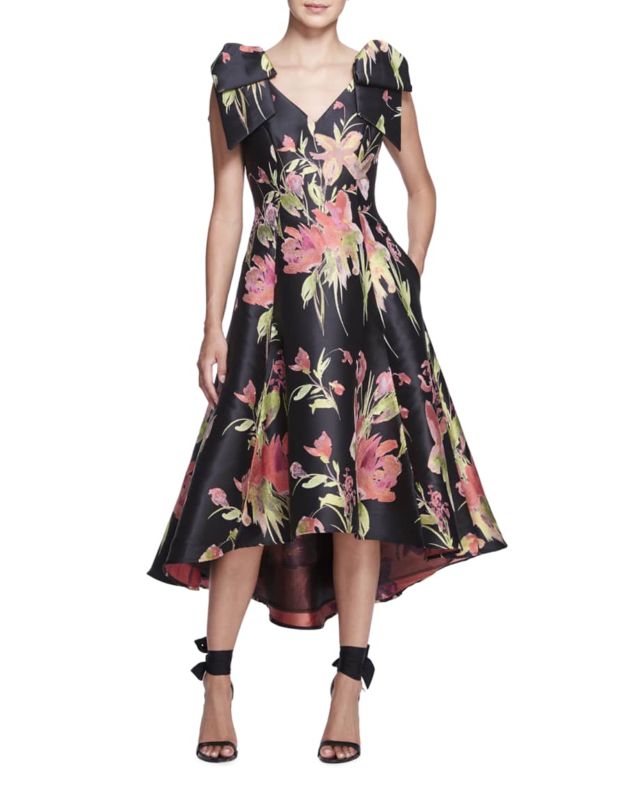 Marchesa Notte Floral Jacquard Draped Bow-Shoulder Midi Dress | Neiman ...