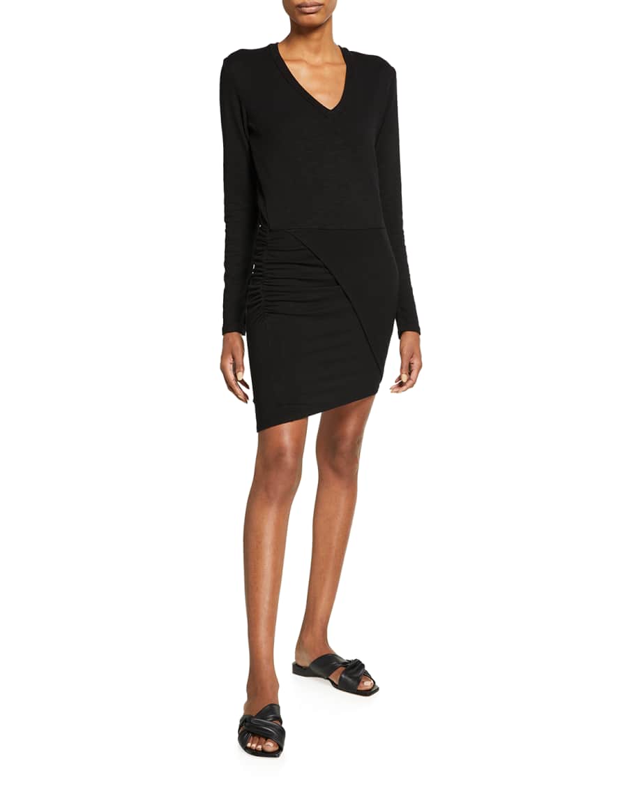 Monrow Supersoft Long-Sleeve Overlap Shirred Dress | Neiman Marcus