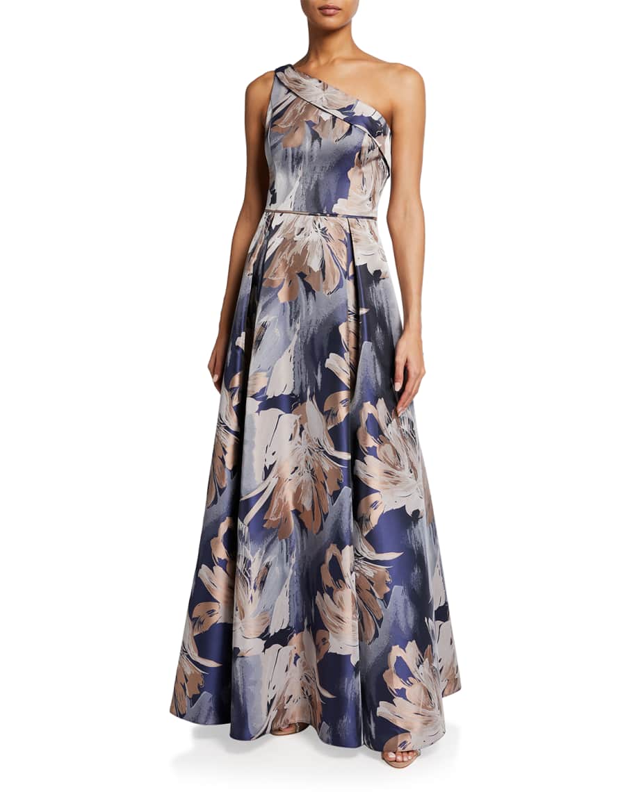 Aidan Mattox One-Shoulder Floral-Print A-Line Gown | Neiman Marcus