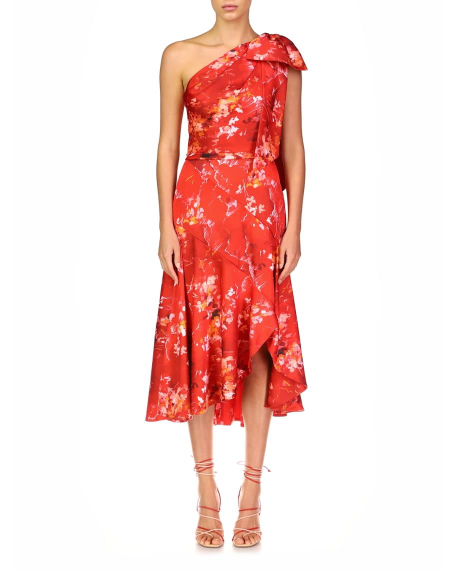 Theia Sarah One-Shoulder Floral Dress w/ Bow | Neiman Marcus