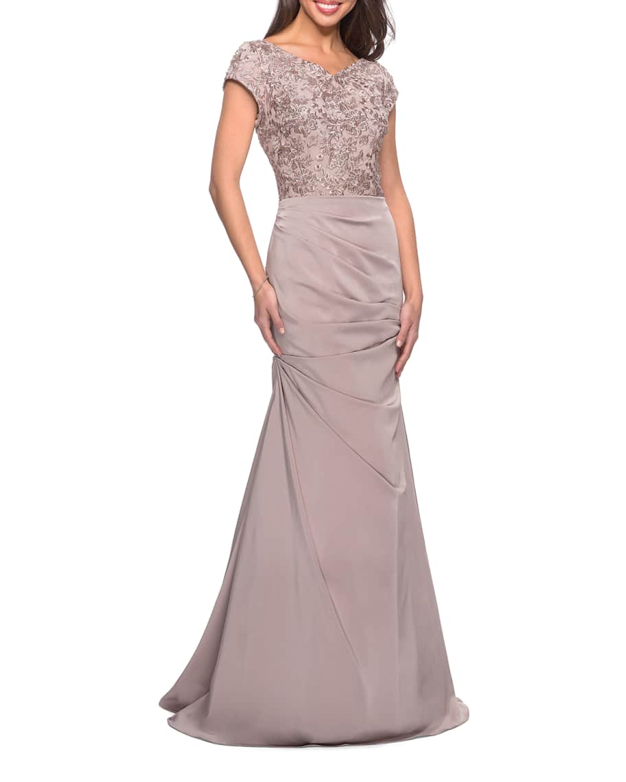La Femme Embroidered Bodice Ruched Trumpet Gown | Neiman Marcus
