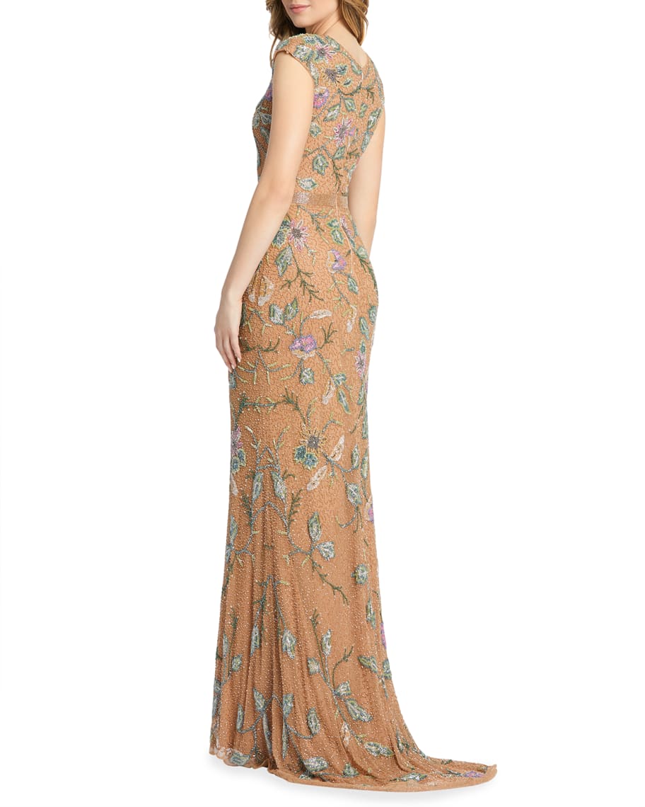 Mac Duggal Floral Bugle Beaded Cap-Sleeve Column Gown | Neiman Marcus