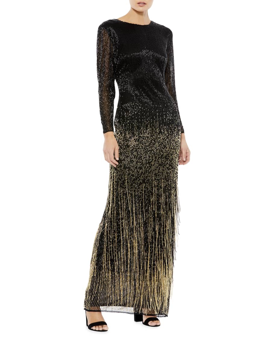 Mac Duggal Ombre Sequin Fringe Long Sleeve Gown Neiman Marcus