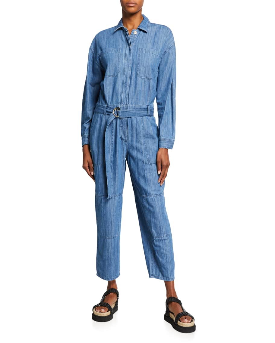 MICHAEL Michael Kors Belted Long-Sleeve Chambray Jumpsuit | Neiman Marcus