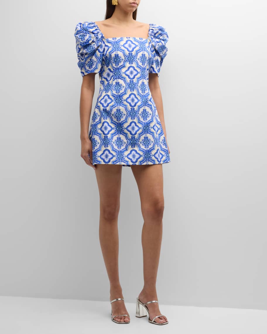 Image 2 of 6: Kelly Blue Tile Print Puff-Sleeve Dress