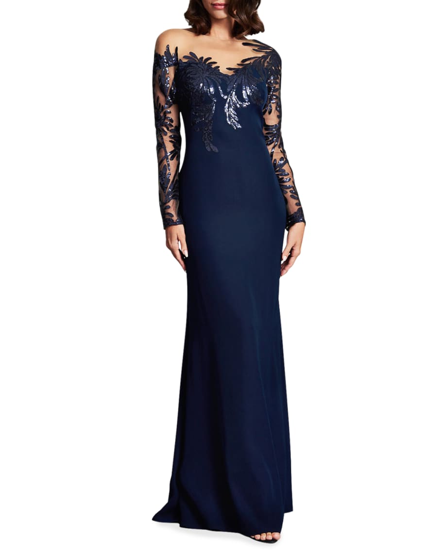 Tadashi Shoji Sequin Lace LongSleeve Crepe Illusion Gown Neiman Marcus