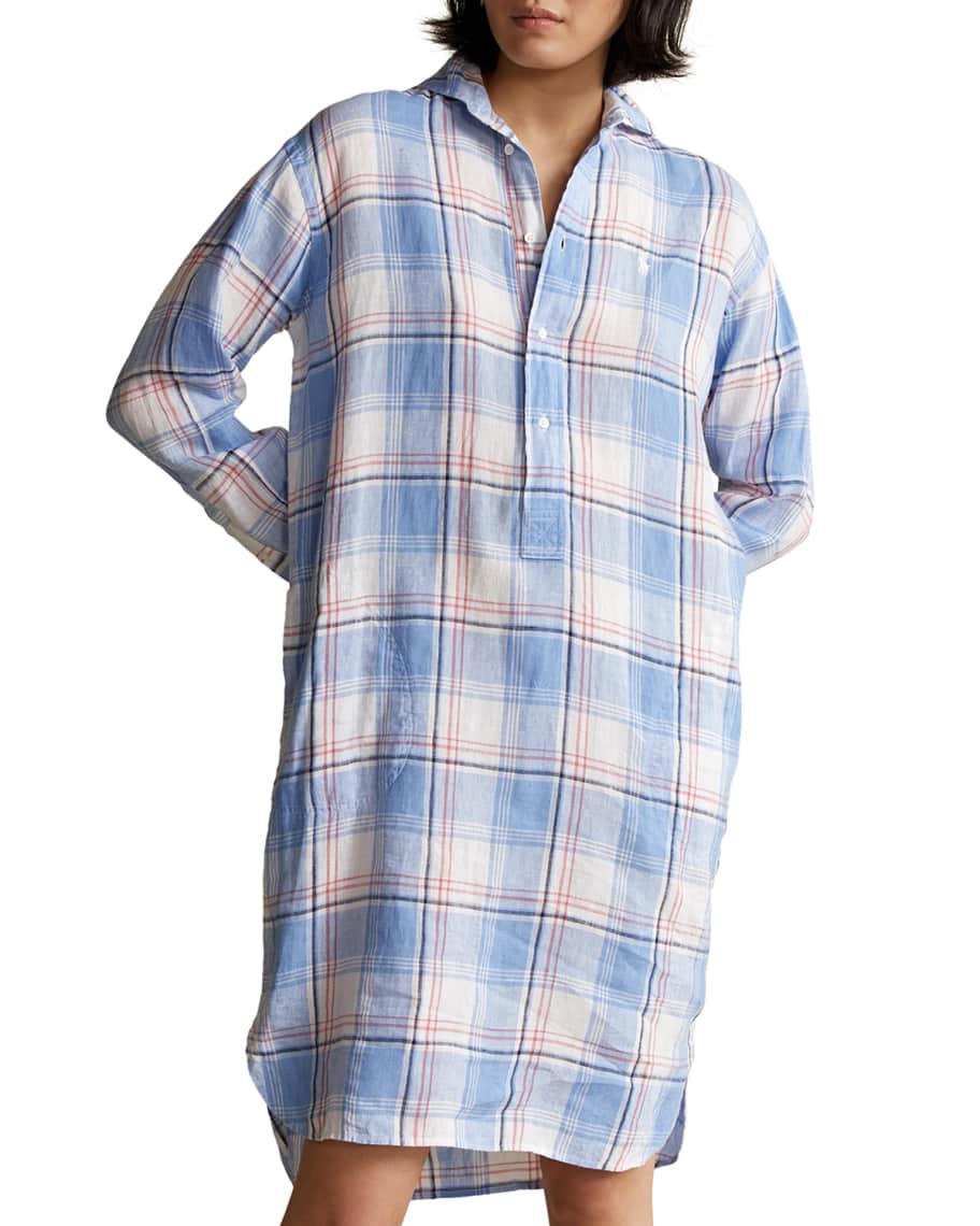 Polo Ralph Lauren Plaid Linen Long-Sleeve Shirtdress | Neiman Marcus