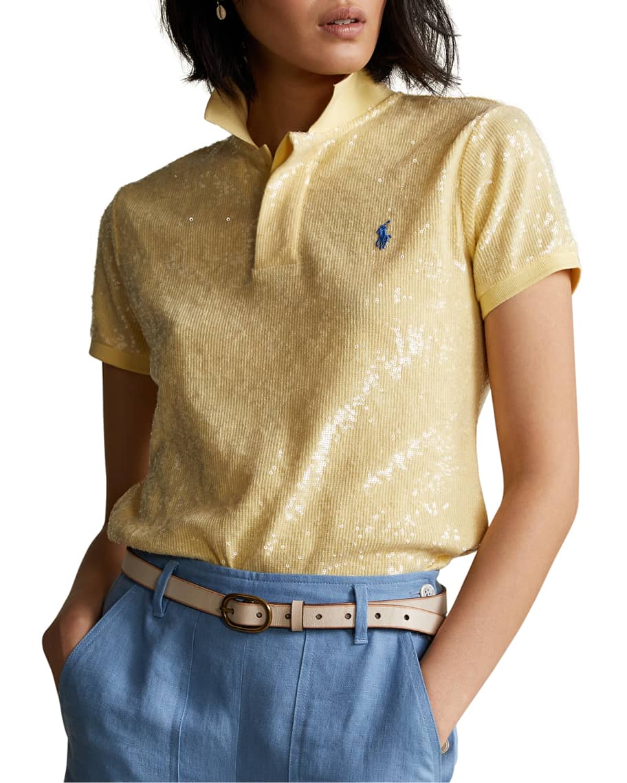 Ralph Lauren Sequined Cable-Knit Polo Shirt - ShopStyle Tops